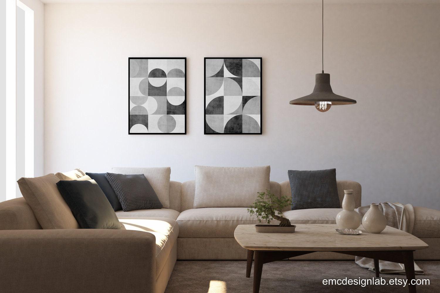 Minimalist Black White Print, Living Room Geometric Original Wall Art ...