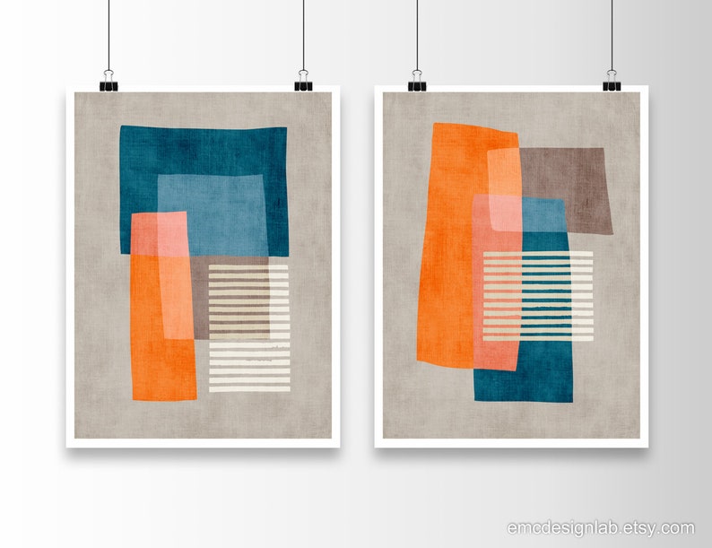 Original Unique Abstract Art Set 2 Prints Orange White Dark Teal Petrol Blue Beige Classy Artwork Set of 2 Digital Painting image 3