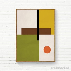 Mid Century Modern Abstract Wall Art, Geometric Abstract, Bauhaus Wall Art, Green Yellow Brown Orange