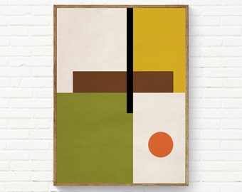 Mid Century Modern Abstract Wall Art, Geometric Abstract, Bauhaus Wall Art, Green Yellow Brown Orange
