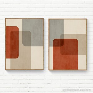 Set of 2 Burnt Orange Gray Beige Wall Art, Interior Trendy Office Design, Bedroom Wall Art Set of 2, Elegant Prints