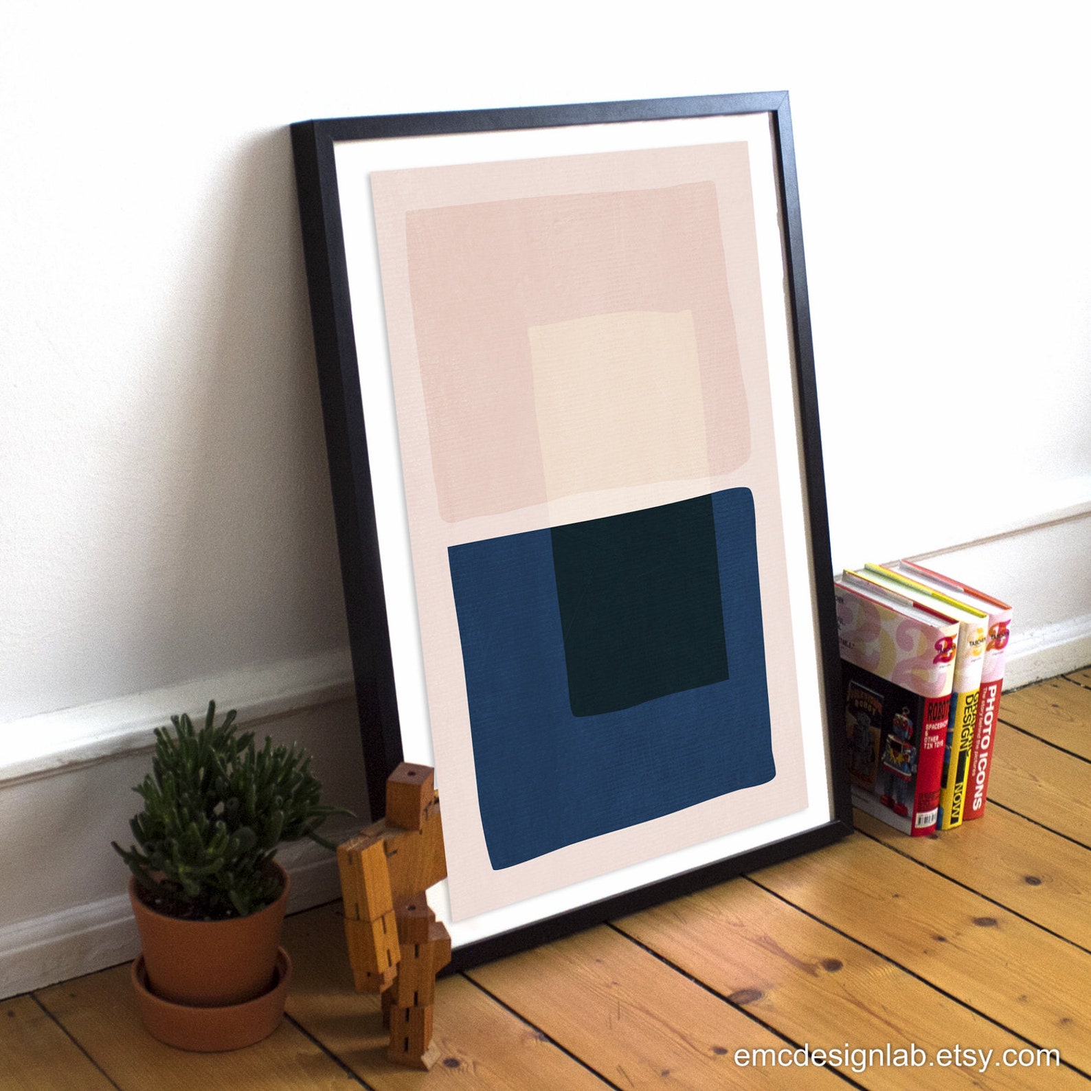 Pink & Navy Wall Art Original Print Blush Blue Midcentury Etsy