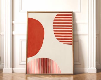 Retro geometrische cirkels kunstprint | Rood-wit gestreepte vormen | Moderne kantoorwanddecoratie