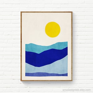 Blue Mountains Yellow Sun Art Print / Abstract Minimalist Landscape Original Wall Art / Blue Tones Art Print Decor / Canvas Available