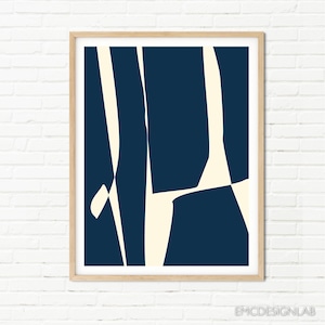 Decorazione murale moderna astratta blu navy e crema, forme minimaliste, stampa d'arte contemporanea, arte moderna astratta originale