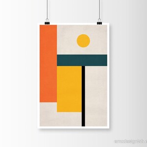 Obra de arte abstracta geométrica, impresión estilo Bauhaus, arte mural de mediados de siglo en tonos naranja, amarillo y verde azulado. imagen 2