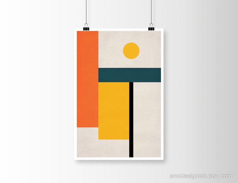 Obra de arte abstracta geométrica, impresión estilo Bauhaus, arte mural de mediados de siglo en tonos naranja, amarillo y verde azulado. imagen 2