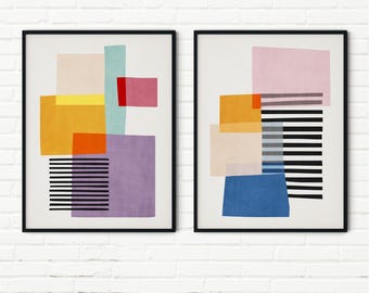 Set of 2 Vibrant Colors Modern Abstract Art Prints | Bright Original Art