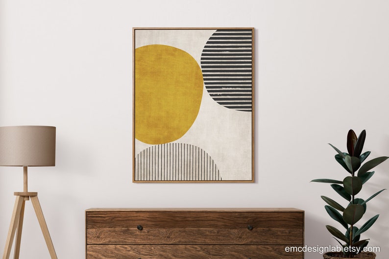 Senapsgula cirkelsvarta djärva linjer konstverk modern konsttryck rik textur vardagsrumsväggkonst, djärva minimalistiska konsttryck bild 5