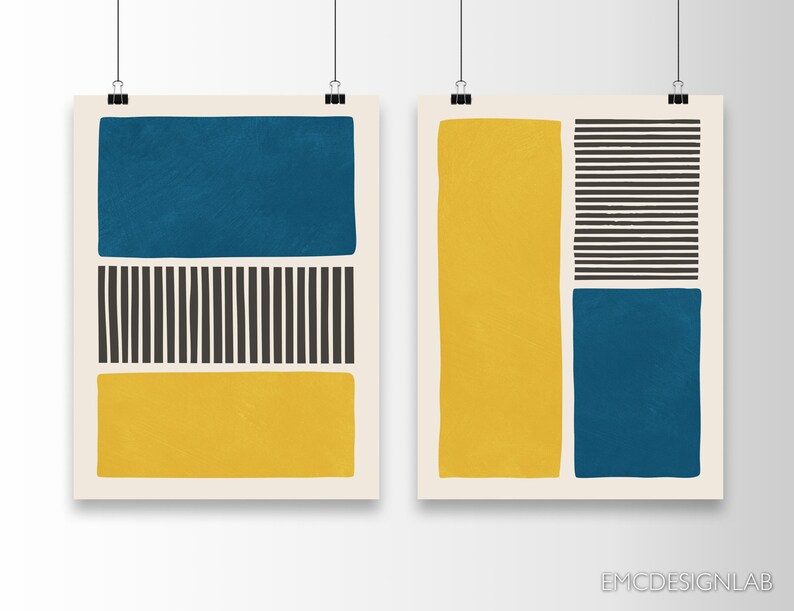 Yellow & Blue Abstract Bold Wall Art Print Set of 2 Prints Black Lines ...