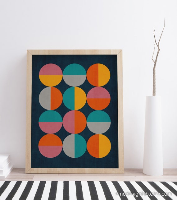 Mid-century Modern Circle Wall Art, Orange Yellow Teal Gray Wall
