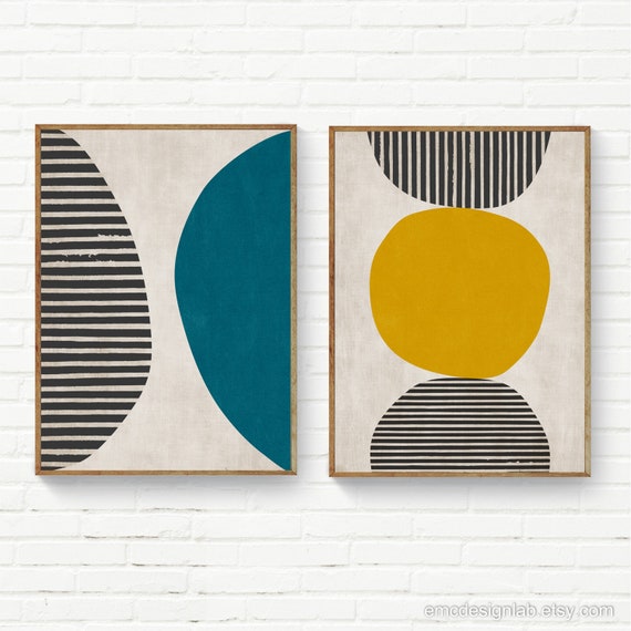 Set of 2 Yellow & Teal Minimalist Print Set, Geometric Modern Set