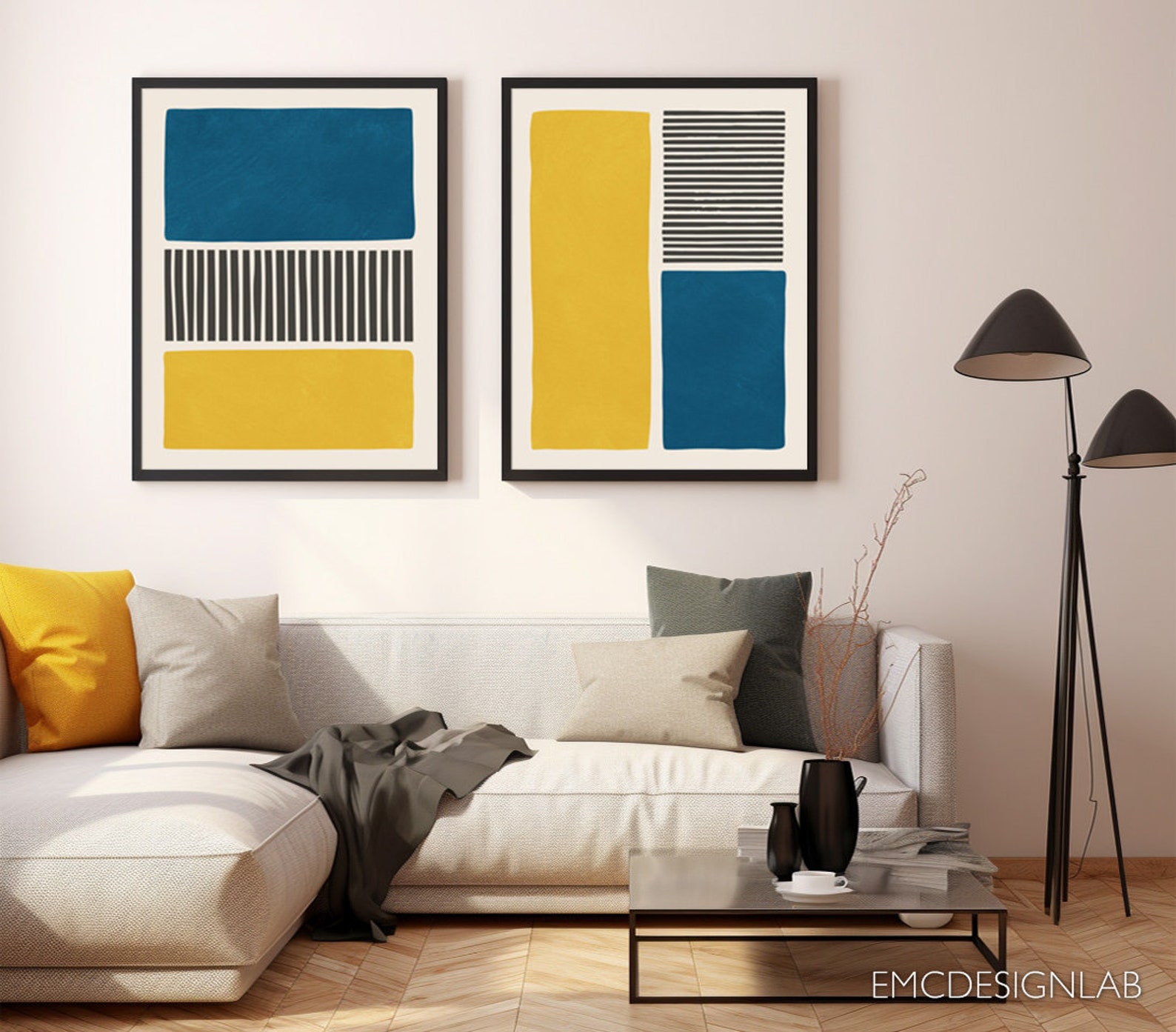 Yellow & Blue Abstract Bold Wall Art Print Set of 2 Prints Black Lines ...
