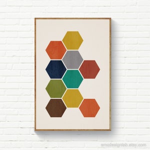 Colorful Mid-Century Modern Exagon Wall Art, Nursery Geometric Print, Honeycomb Wall Art, PlayRoom Modern Print