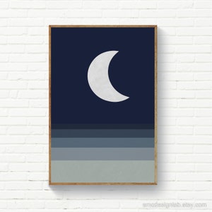 Abstract Sea Moon Night Landscape, Geometric Abstract Marine Prints, Contemporary Minimalist Moon Art, Large Size Prints Posters