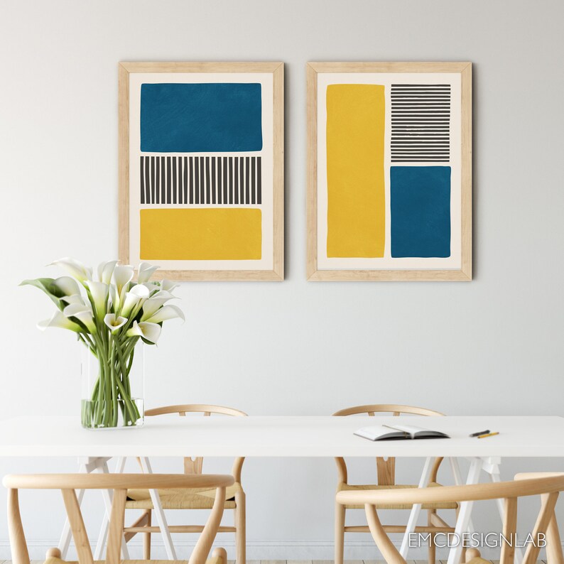 Yellow & Blue Abstract Bold Wall Art Print Set of 2 Prints Black Lines ...