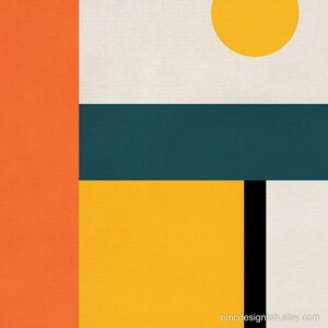 Obra de arte abstracta geométrica, impresión estilo Bauhaus, arte mural de mediados de siglo en tonos naranja, amarillo y verde azulado. imagen 3