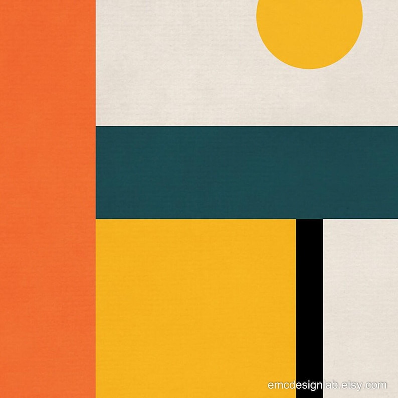 Obra de arte abstracta geométrica, impresión estilo Bauhaus, arte mural de mediados de siglo en tonos naranja, amarillo y verde azulado. imagen 3