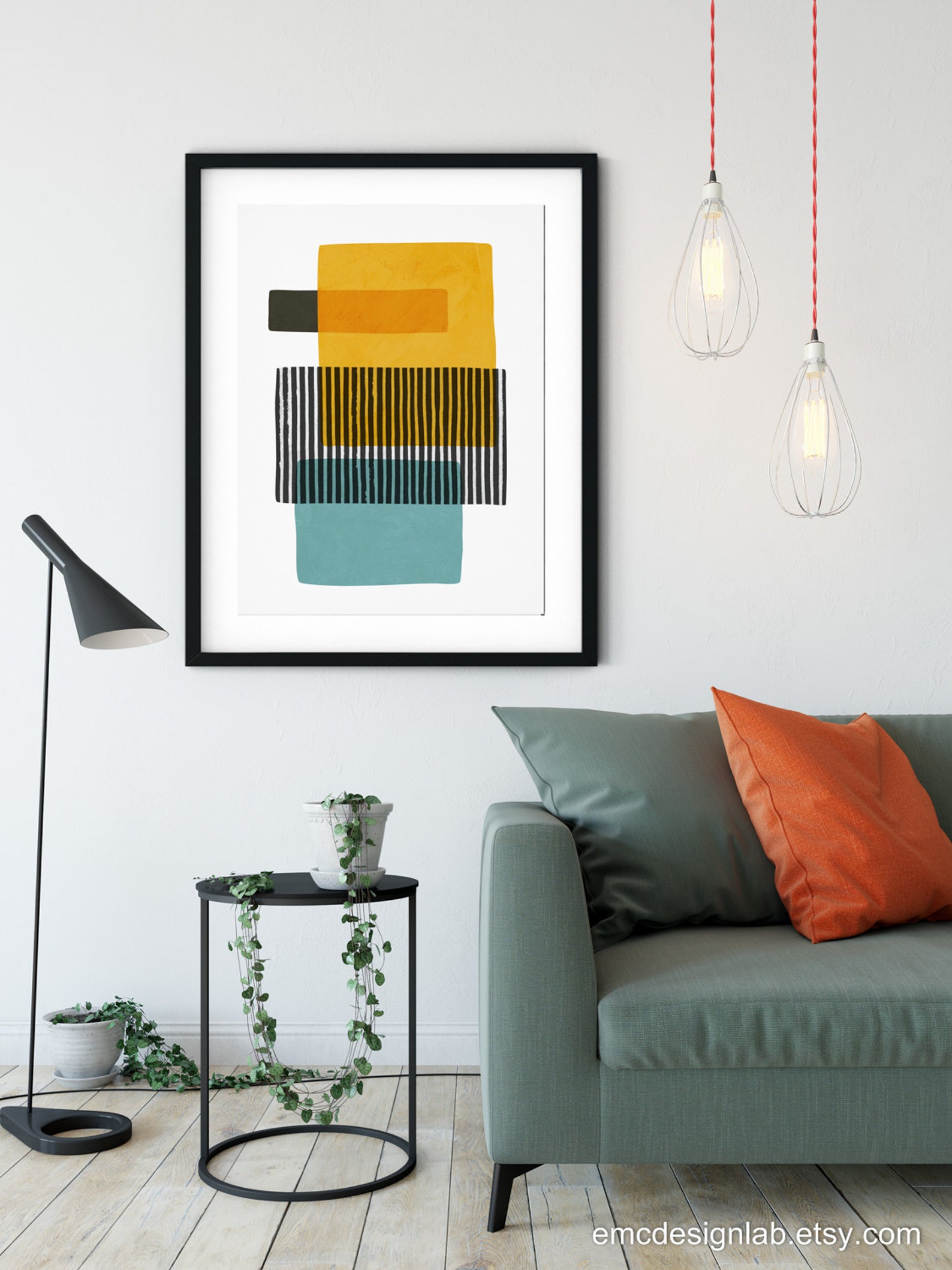Abstract Teal Gray and Yellow Wall Art Black White Stripes Etsy
