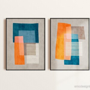 Original Unique Abstract Art Set 2 Prints Orange White Dark Teal Petrol Blue Beige Classy Artwork Set of 2 Digital Painting image 10