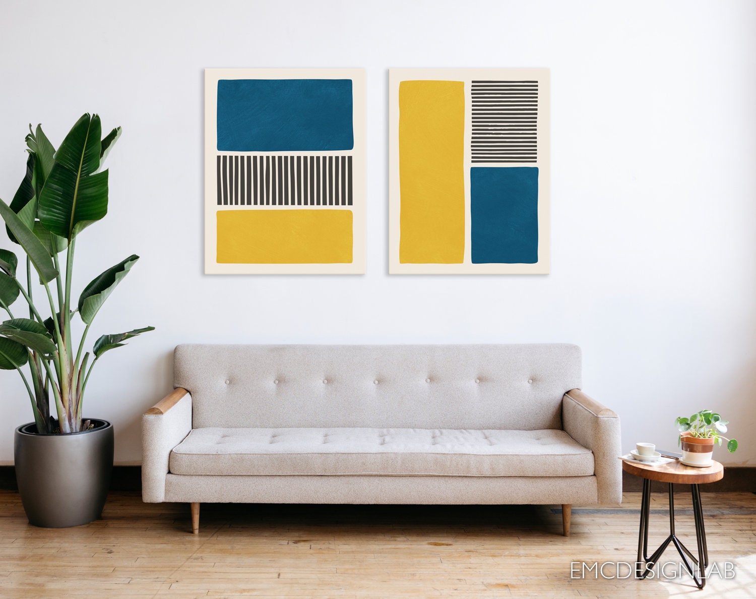 Yellow & Blue Abstract Bold Wall Art Print Set of 2 Prints Black Lines ...