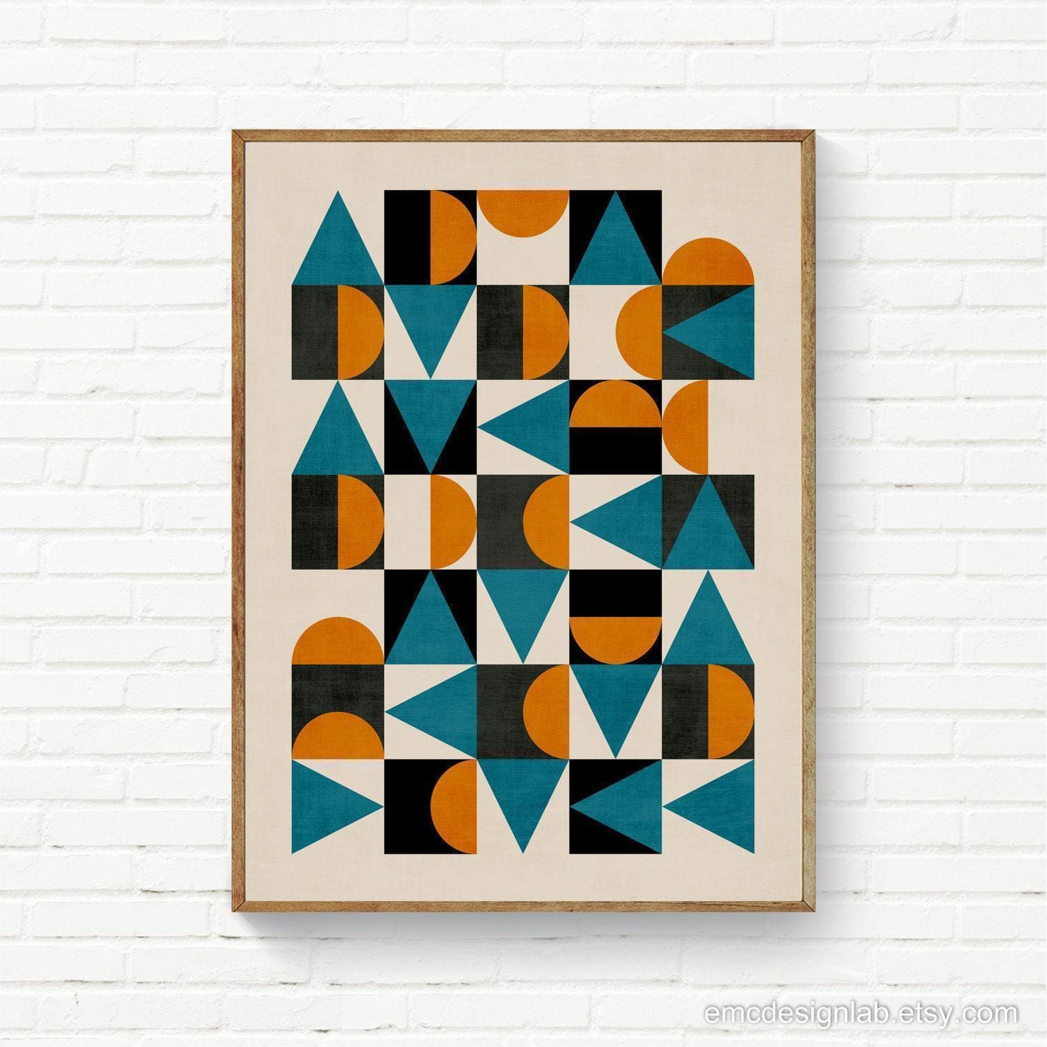 ビンテージ　MODERN GEOMETORIC ART PRINT Mid-century Geometric Print Teal Orange Black: Checkered MCM Wall
