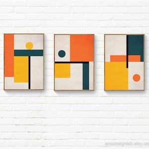 Set of 3 Geometric Wall Art, Trendy Colors, Orange Yellow Green, Bauhaus Style Geometric Original Art