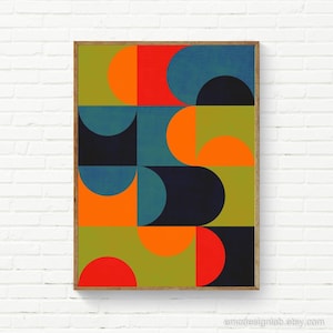 Uitdagende moderne geometrische muurkunst / Kleurrijk felle kleuren popmoderne kunst / Geometrische halve cirkels Bauhaus-stijl poster / Abstract geometrisch