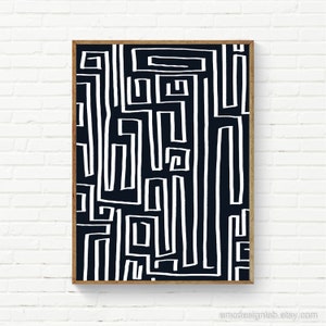 Black White Line Art Contemporary Print, Large Size Abstract Art, Original B&W Wall Art, Living Room Digital Art