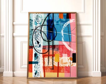 Kleurrijk statement kunstwerk op canvas, gedurfde abstracte maximalistische print met gemengde technieken.
