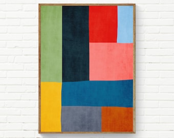 Colorful Print Green Blue Red Yellow Gray, Color Blocking Wall Art, Living Room Modern Prints, Multicolored Minimalist Art