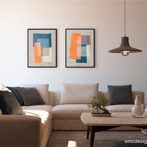 Original Unique Abstract Art Set 2 Prints Orange White Dark Teal Petrol Blue Beige Classy Artwork Set of 2 Digital Painting image 6