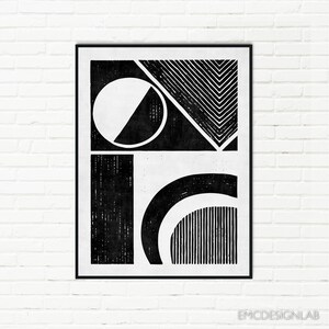 Stampa artistica di composizione geometrica astratta, opera d'arte digitale in linoleografia in bianco e nero