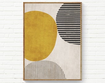 Senfgelber Kreis Schwarz Bold Lines Kunstwerk Moderne Kunstdruck Reiche Textur Wohnzimmer Wandkunst, Bold Minimalist Art Prints