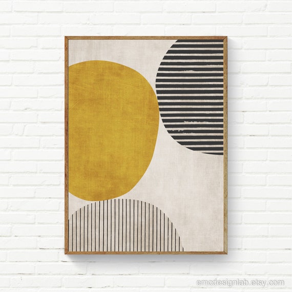 Mustard Yellow Circle Black Bold Lines Artwork Modern Art Print Rich Texture Living Room Wall Art, Bold Minimalist Art Prints