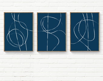 Navy Blue Set of 3 Minimalist Prints, Simple Line Art Minimalist Wall Art, Minimal Wall Art Set of 3