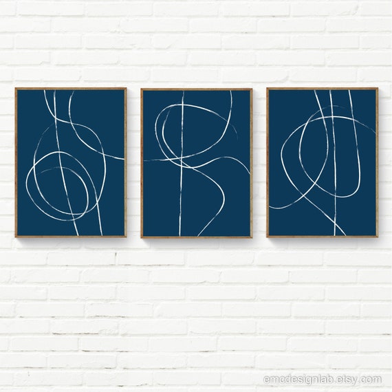 Navy Blue Set of 3 Minimalist Prints, Simple Line Art Minimalist Wall Art, Minimal Wall Art Set of 3