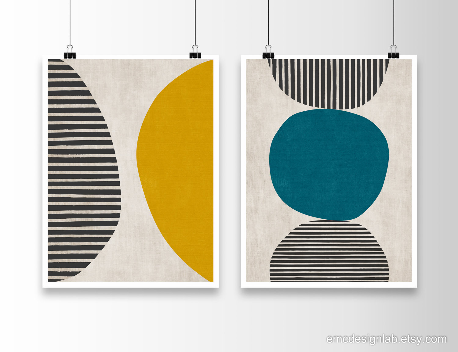 Set of 2 Dark Teal Mustard Yellow Wall Art, Minimalism Bold Wall Art ...