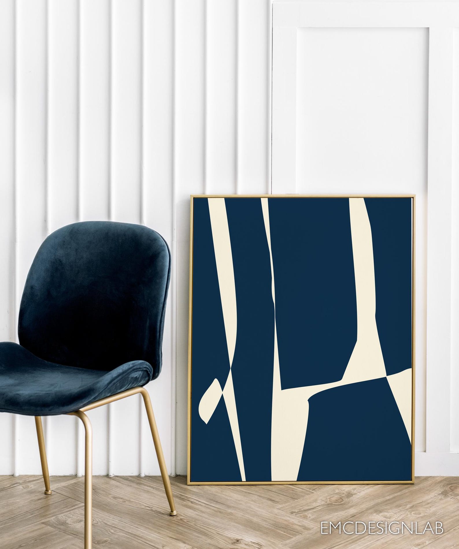 Abstract Navy and Cream Modern Wall Art Decor, Minimalist Shapes ...
