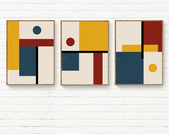Set of 3 Modern Bauhaus Inspired Prints, Mustard Yellow Indigo Blue Dark Red, Mid-Centuty Print Set