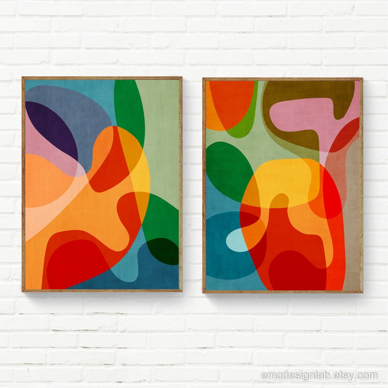 Set of 2 Colorful Modern Art, Set of 2 Mid-Century Abstract Prints, Vibrant Color Wall Art, Mid-Century Modern Prints, Bold Design image 1