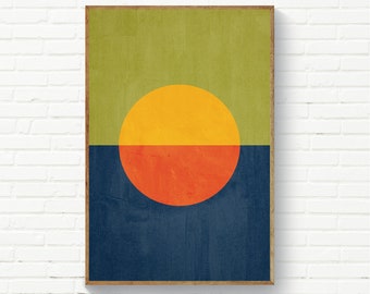 Abstract Modern Circle Art, Abstract Sun, Minimalist Circles Wall Art, Green Blue Orange Yellow Original Art