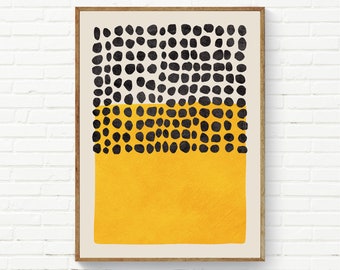 Opera d'arte astratta a pois gialli e neri, stampa artistica contemporanea minimalista, stampa unica, audace, giallo brillante, miglior design decorativo