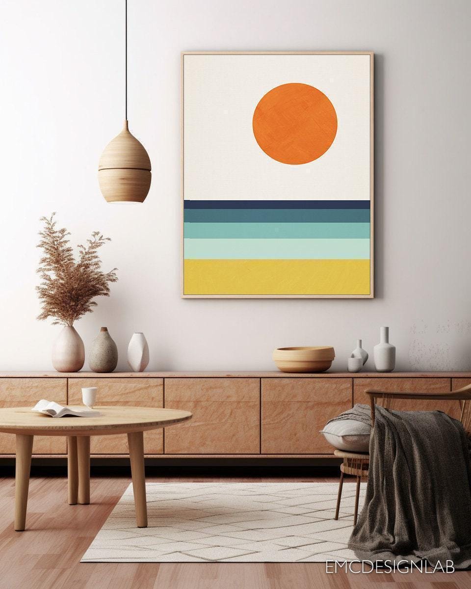 Geometric Abstract Landscape, Beach Sea Sun Abstract Midcentury Modern ...