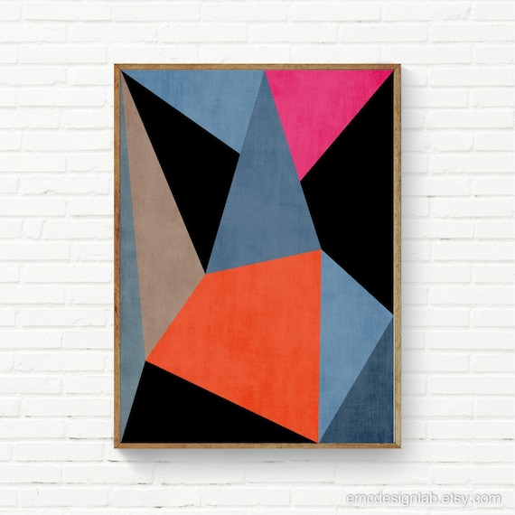 Geometric Abstract Print, Beige Black Blue Wall Art, Fuchsia