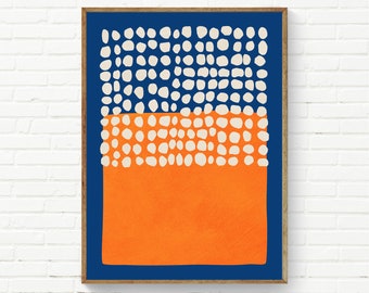 Lámina decorativa minimalista azul y naranja / Arte de pared único con lunares color crema claro (Obra de arte original)