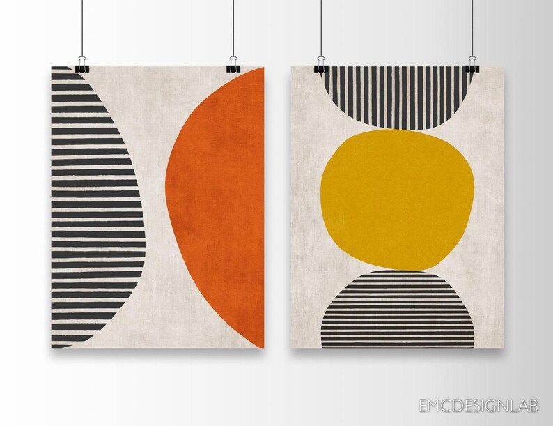 Set of 2 Orange Yellow Black Bold Wall Art, Black White Lines Print ...