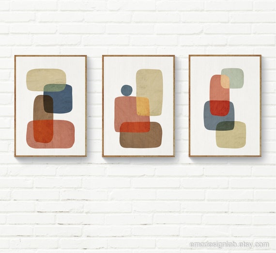 Mid Century Modern Set of 3 Wall Art Abstract Shapes Beige - Etsy
