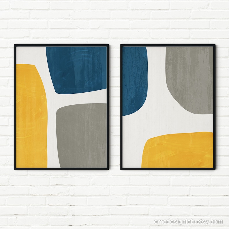 Yellow & Blue Abstract Wall Art Set 2 Prints / Gray Navy Mustard ...