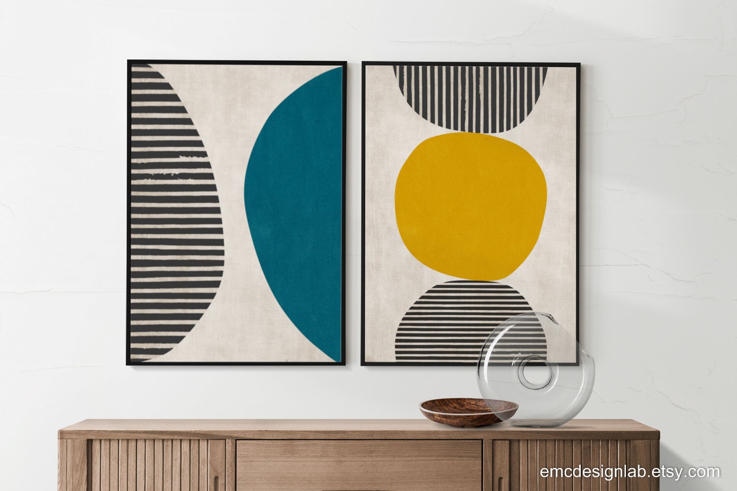 Set of 2 Yellow & Teal Minimalist Print Set, Geometric Modern Set